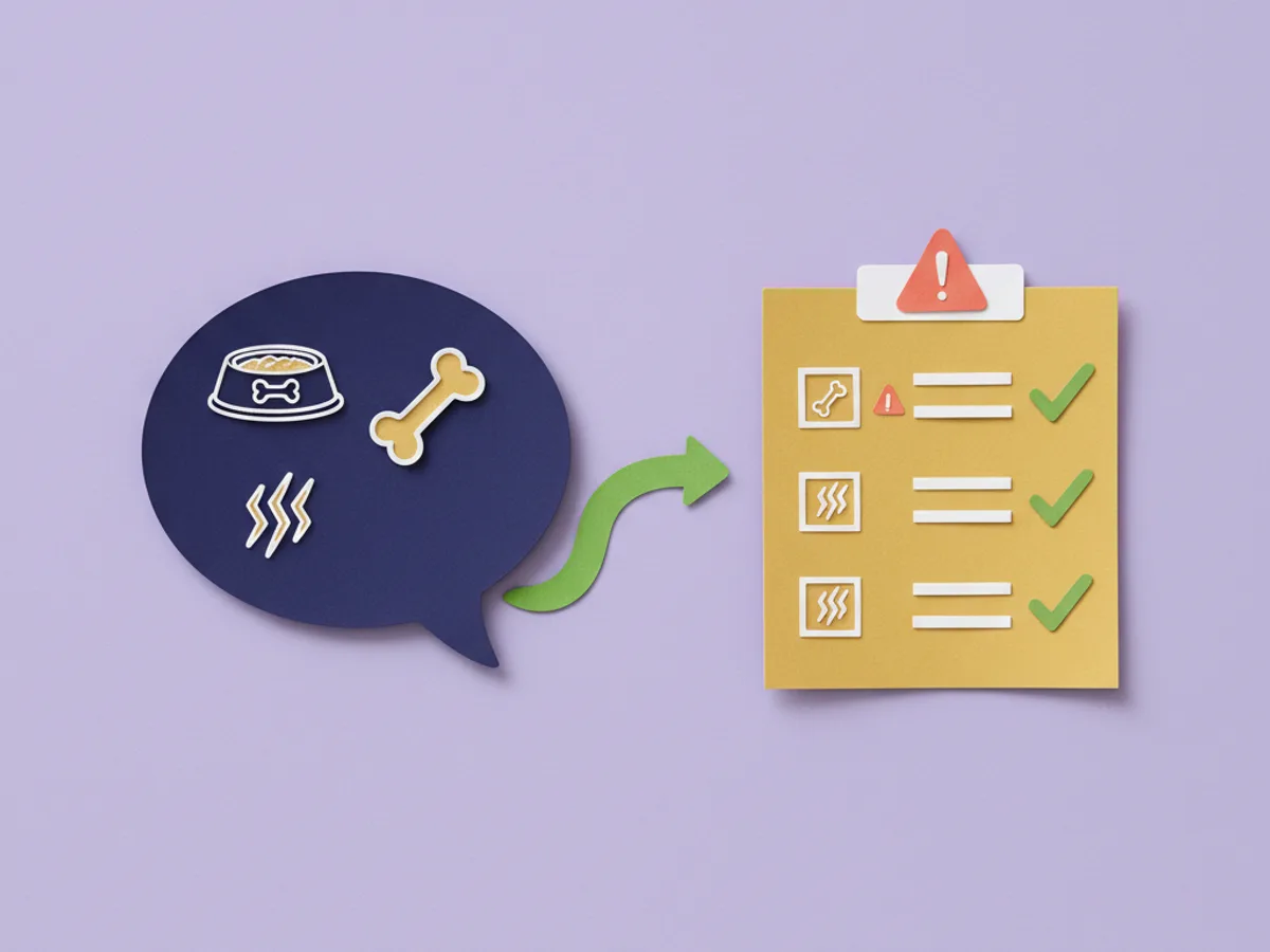 Paper-craft speech bubble of messy food doodles flowing into a tidy checklist with green ticks