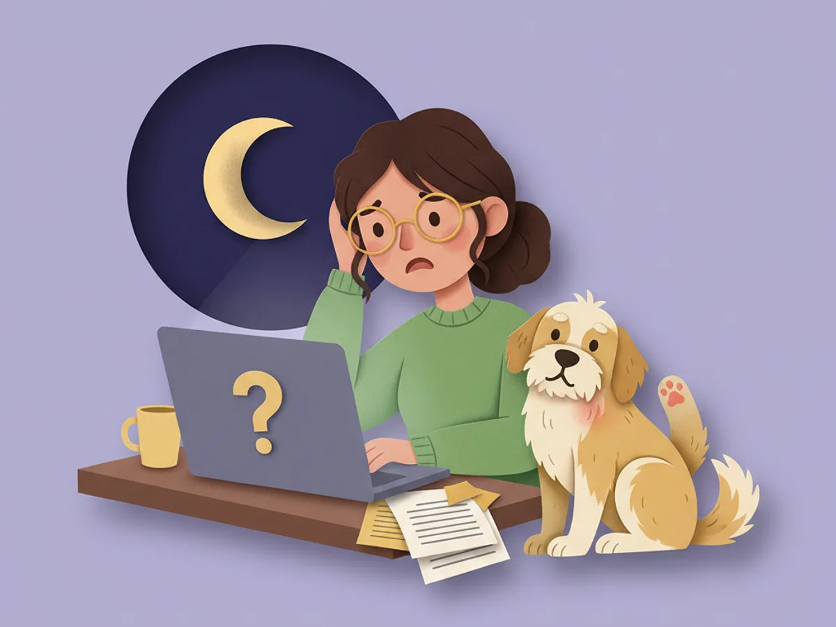 Paper-craft scene of Olivia at her laptop at 2am, a question mark on screen, while her dog scratches its ear beside the desk