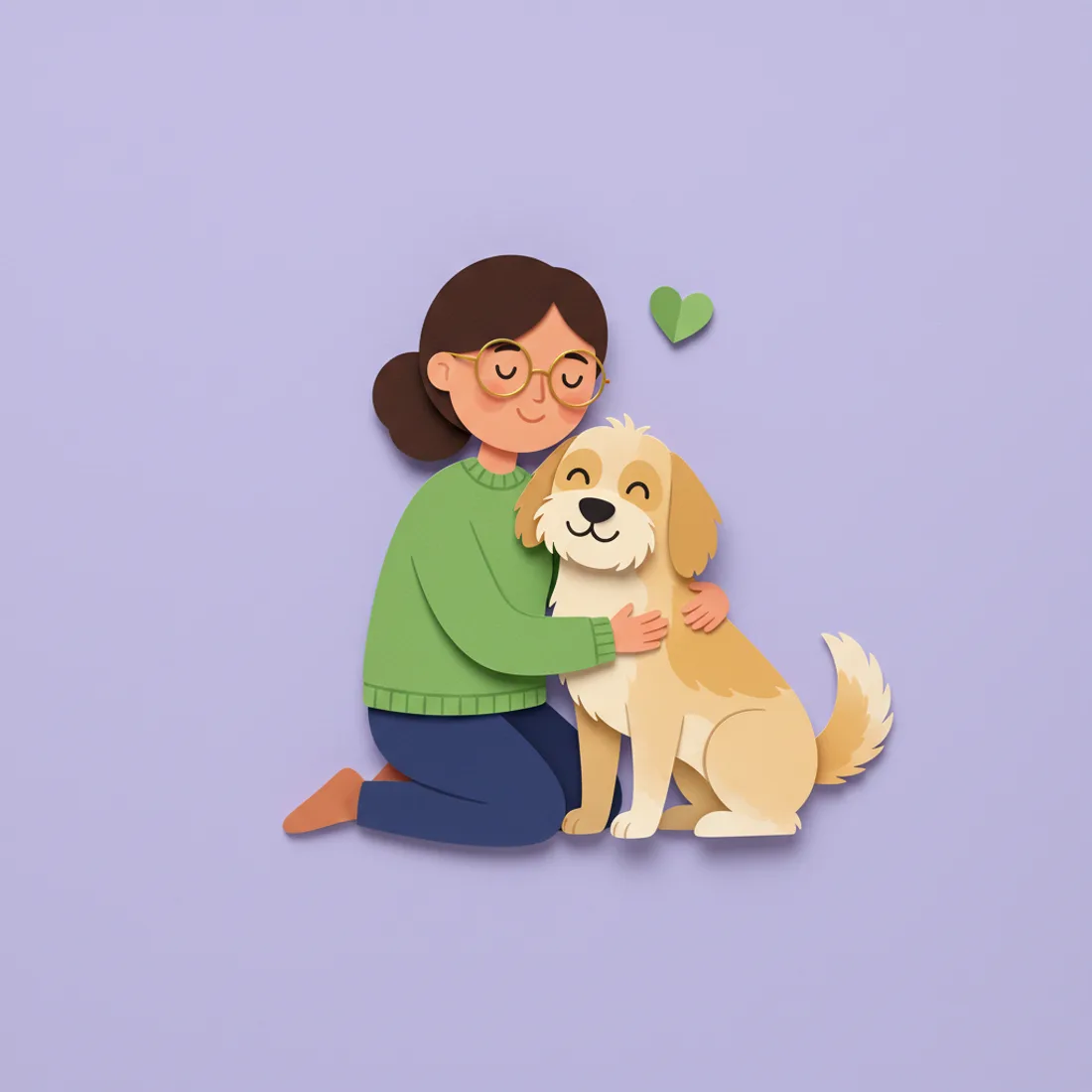 Paper-craft illustration of Olivia kneeling and hugging her happy, healthy dog Biscuit, a small green heart above them