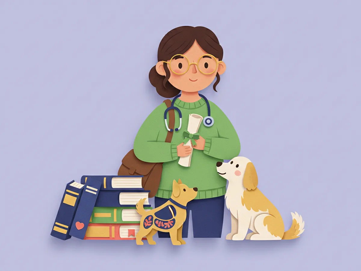 Paper-craft scene of Olivia holding a diploma scroll with a stethoscope around her neck, textbooks stacked beside her and her dog looking up