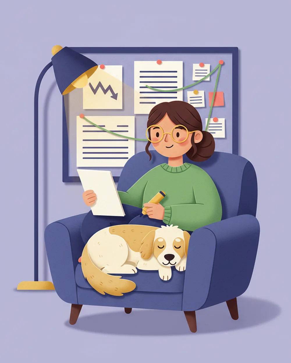 Paper-craft scene of Olivia in an armchair highlighting a research paper, her dog asleep on her lap, a pinboard of connected notes behind her