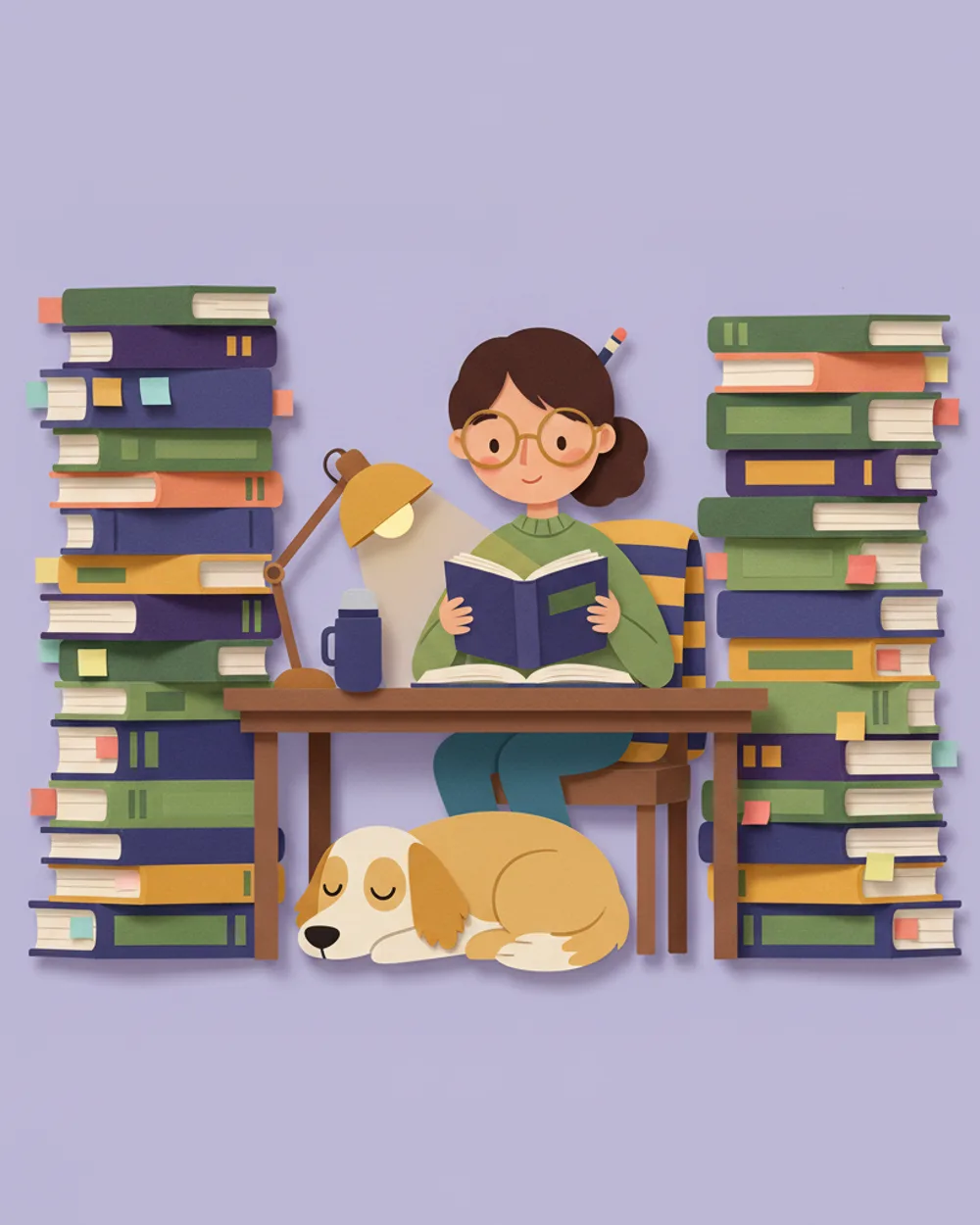 Paper-craft scene of Olivia reading between two tall towers of books at a library table, thermos and lamp beside her, her dog asleep under the table