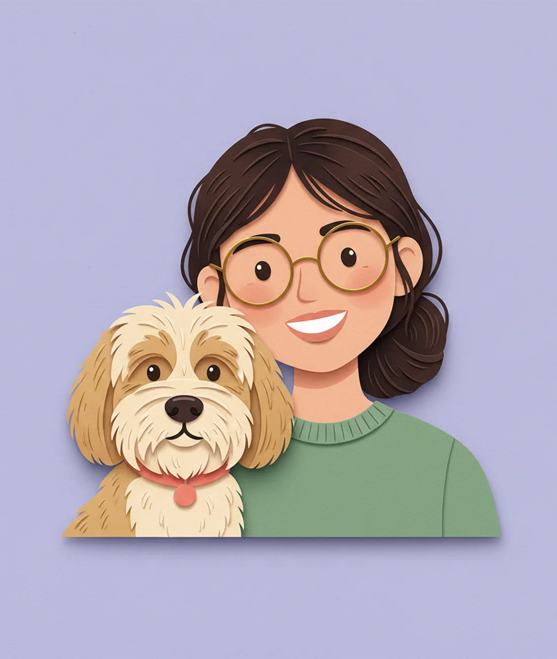 Layered paper-craft portrait of Olivia smiling, her dog Biscuit leaning against her shoulder
