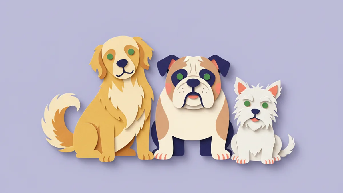 Paper-craft group of allergy-prone dog breeds together — a retriever, a bulldog and a terrier — illustrating breed predisposition to allergies