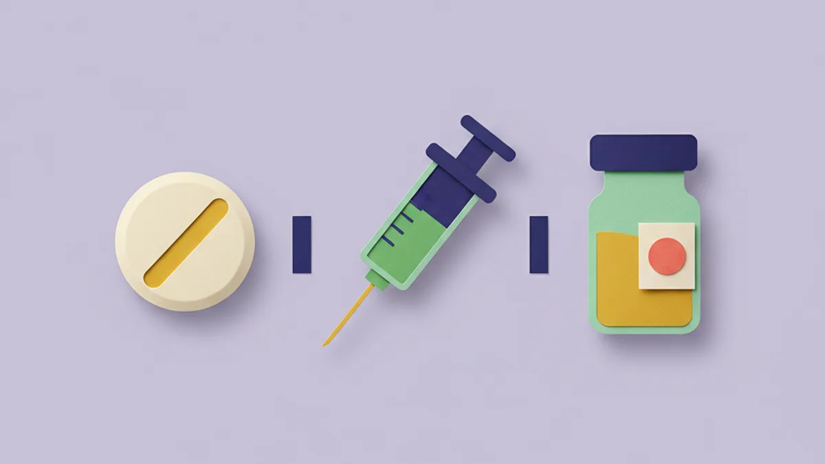 Paper-craft line-up of three dog allergy treatments — an oral tablet, a syringe injection, and an allergy-vaccine vial — side by side