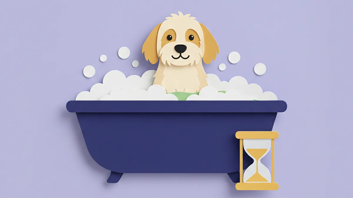 Paper-craft illustration of a content dog in a bath with gentle bubbles and a small timer, showing correct medicated bathing for an allergic dog