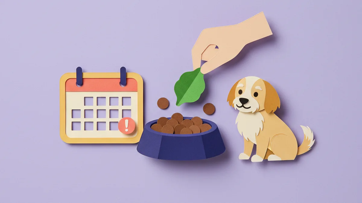 Paper-craft single bowl with one added ingredient and a two-week calendar window, showing how to challenge one dog food at a time