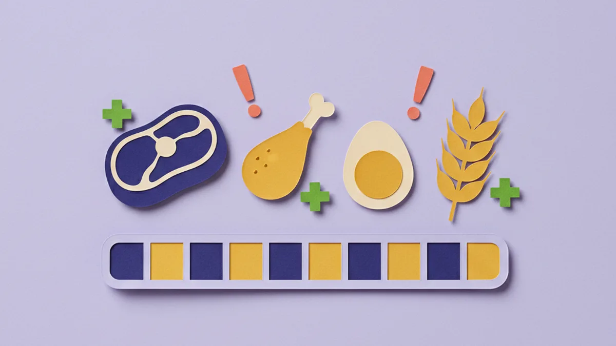 Paper-craft row of single ingredients — beef, chicken, egg, wheat — being added back one at a time on a calendar, for a dog food reintroduction schedule