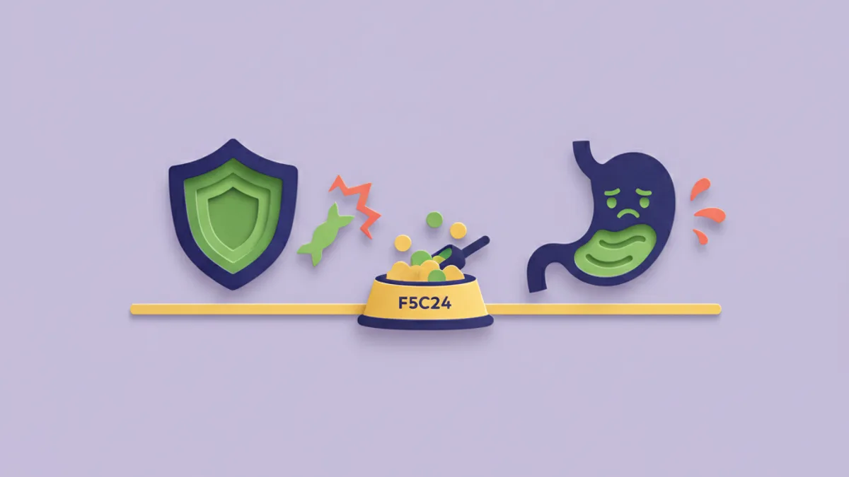 Paper-craft split illustration contrasting a dog food allergy (immune-system shield reacting) with a food intolerance (upset stomach), beside a food bowl