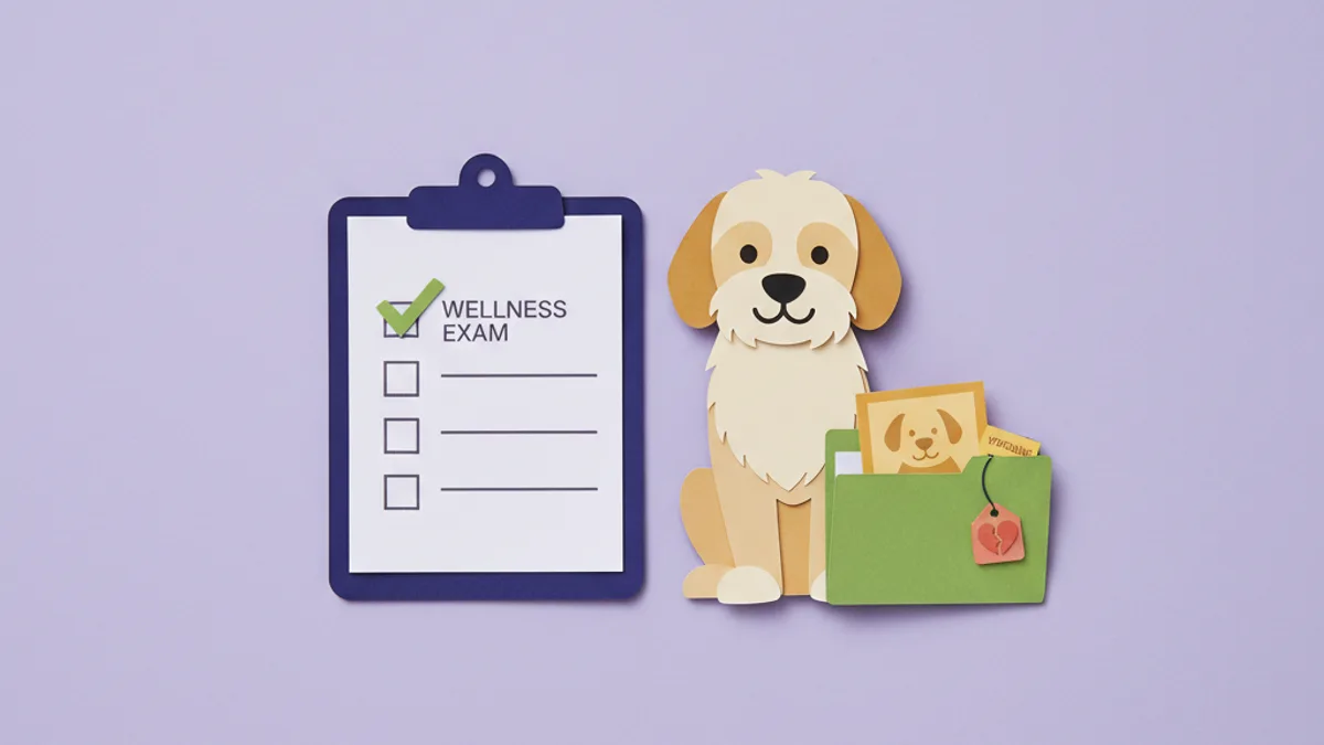 Paper-craft illustration of a vet clipboard and checklist beside a calm dog and a folder of photos and notes, preparing for a dermatology appointment