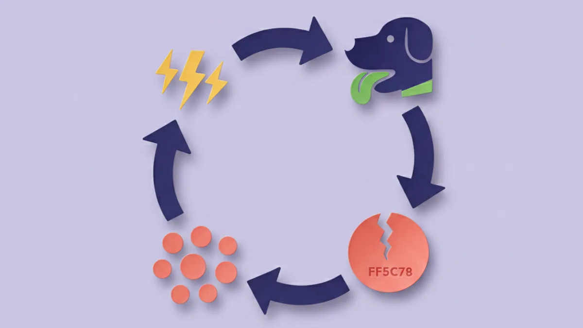 Paper-craft loop showing how an itch leads to licking, broken skin, infection and a worsening hot spot on a dog