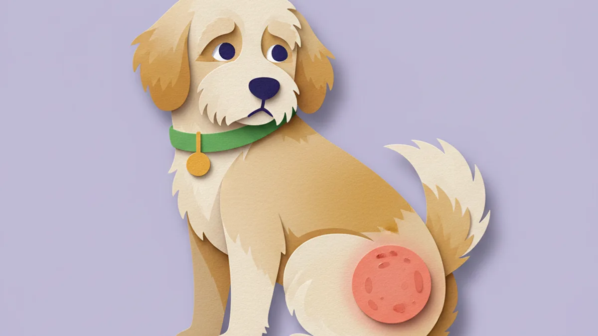 Paper-craft illustration of a dog turning to lick a red, moist hot spot patch on its hip, showing acute moist dermatitis in dogs
