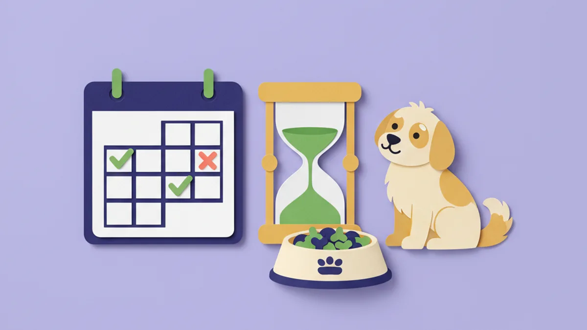 Paper-craft calendar and hourglass beside a dog food bowl, illustrating the 8 to 12 week dog food trial timeline