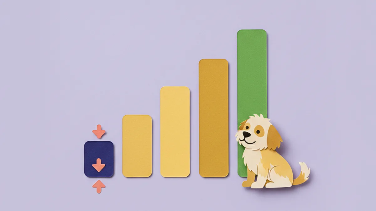Paper-craft week-by-week progress chart showing a dog's itching easing across an 8 to 12 week food trial