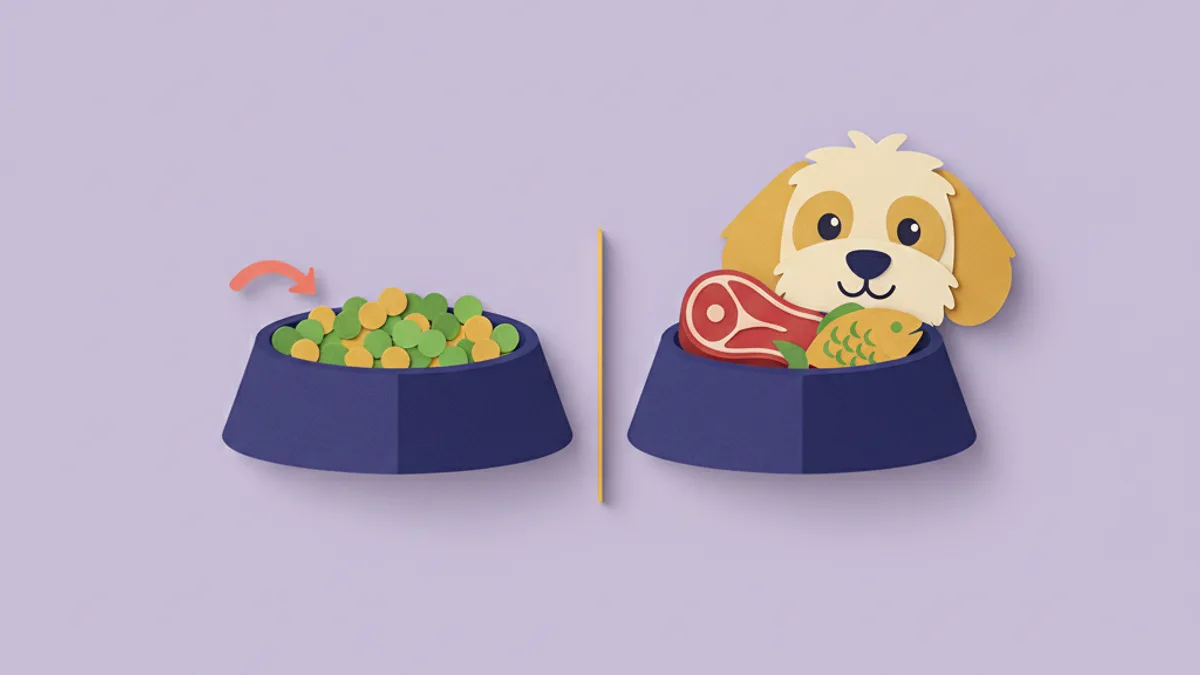 Paper-craft comparison of two dog food bowls — a hydrolyzed kibble with protein broken into tiny pieces and a novel-protein meal — for an elimination diet trial