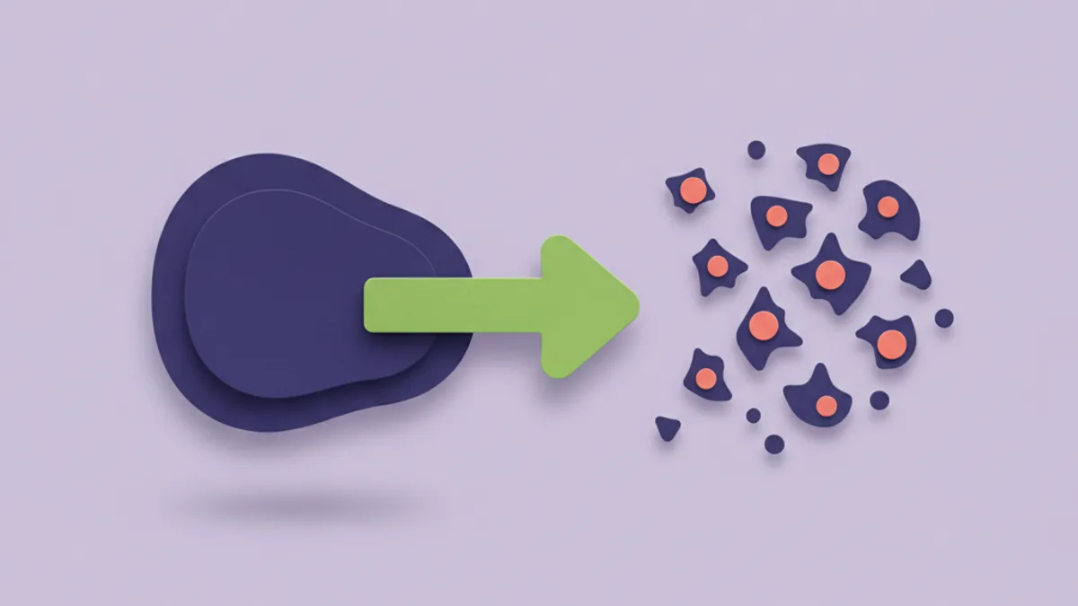 Paper-craft illustration of a large protein shape being cut into tiny pieces too small for the immune system to recognise, explaining hydrolyzed dog food