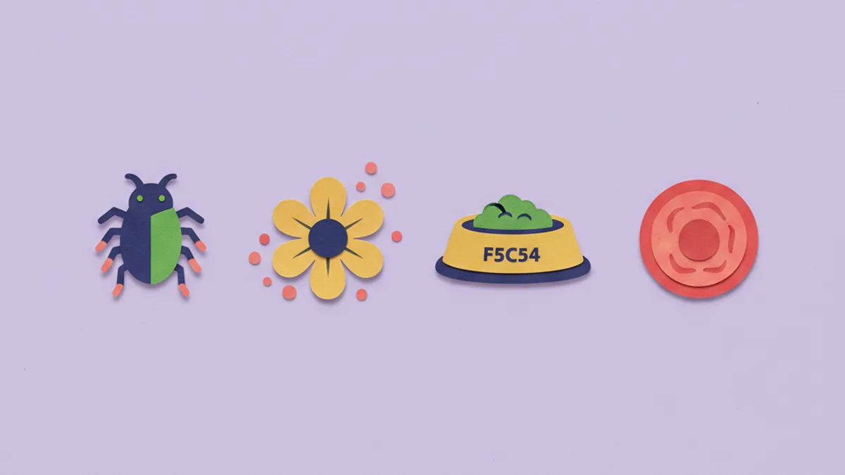 Paper-craft icons of the common itch causes in dogs โ fleas, pollen, food bowl and skin infection โ shown side by side