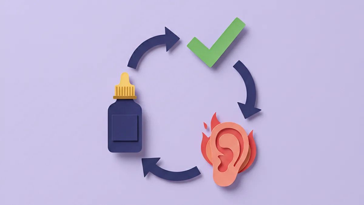 Paper-craft loop showing how an untreated allergy keeps a dog's ear infection coming back after each course of ear drops