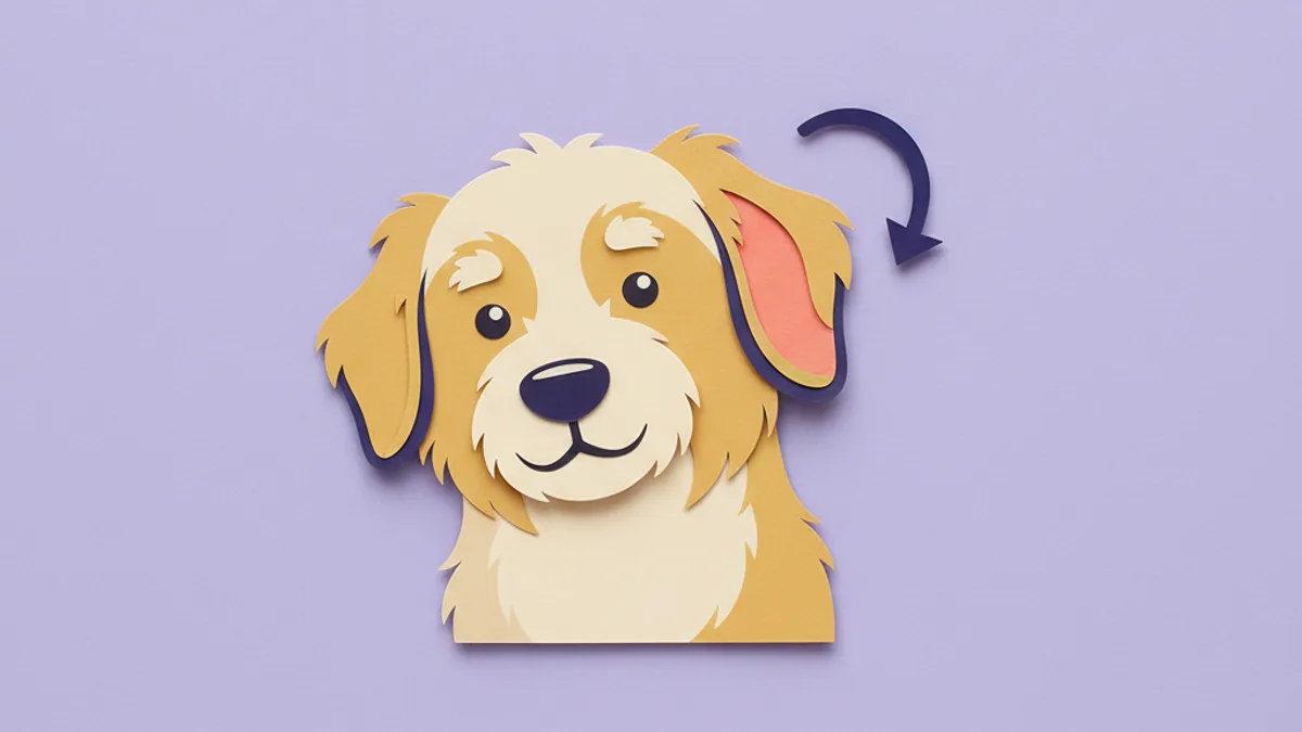 Paper-craft illustration of a dog tilting its head with one red, inflamed ear and a recurring-loop arrow, showing chronic ear infections linked to allergy