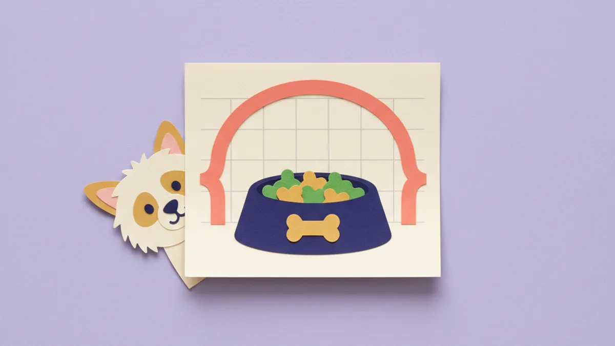 Paper-craft illustration of a single clean dog food bowl on a calendar marked for an 8 to 12 week elimination diet trial