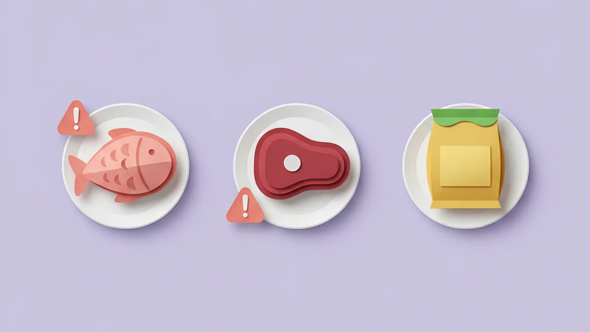 Paper-craft novel protein foods for dog elimination diets — venison, rabbit and fish — alongside a hydrolysed prescription kibble