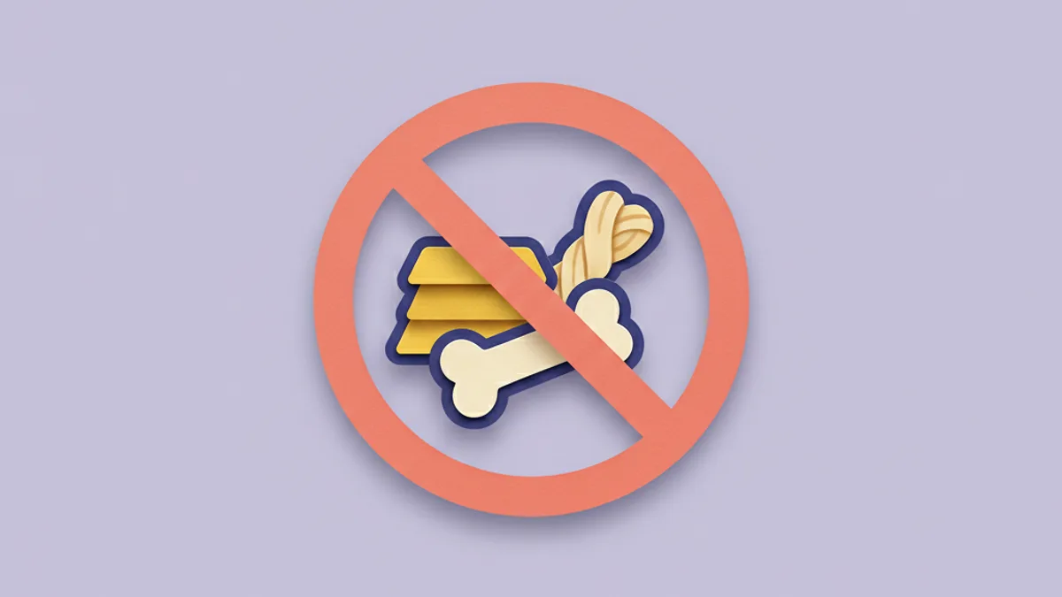 Paper-craft dog treats, a dental chew and a rawhide crossed out, showing foods to avoid during a dog food elimination trial
