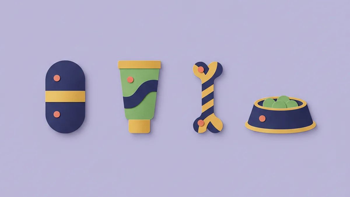 Paper-craft icons of hidden foods that break a dog elimination diet — a flavoured pill, toothpaste tube, dental chew and another pet's bowl