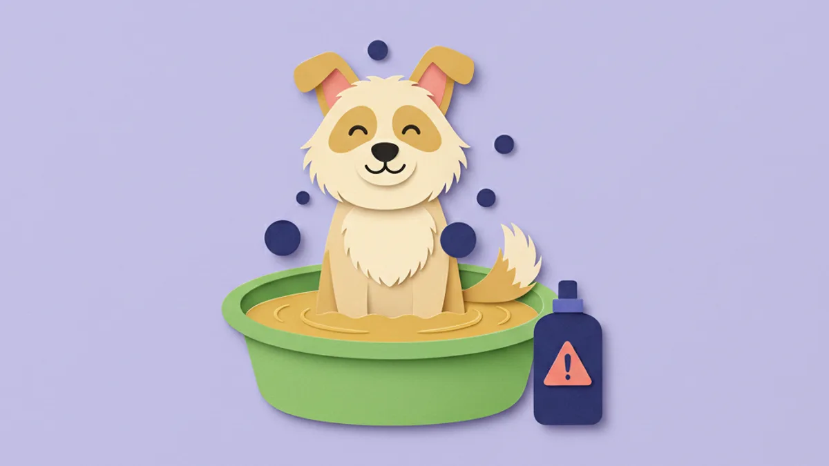 Paper-craft illustration of a calm, content dog in a soothing oatmeal bath with gentle bubbles, relieving itchy skin at home