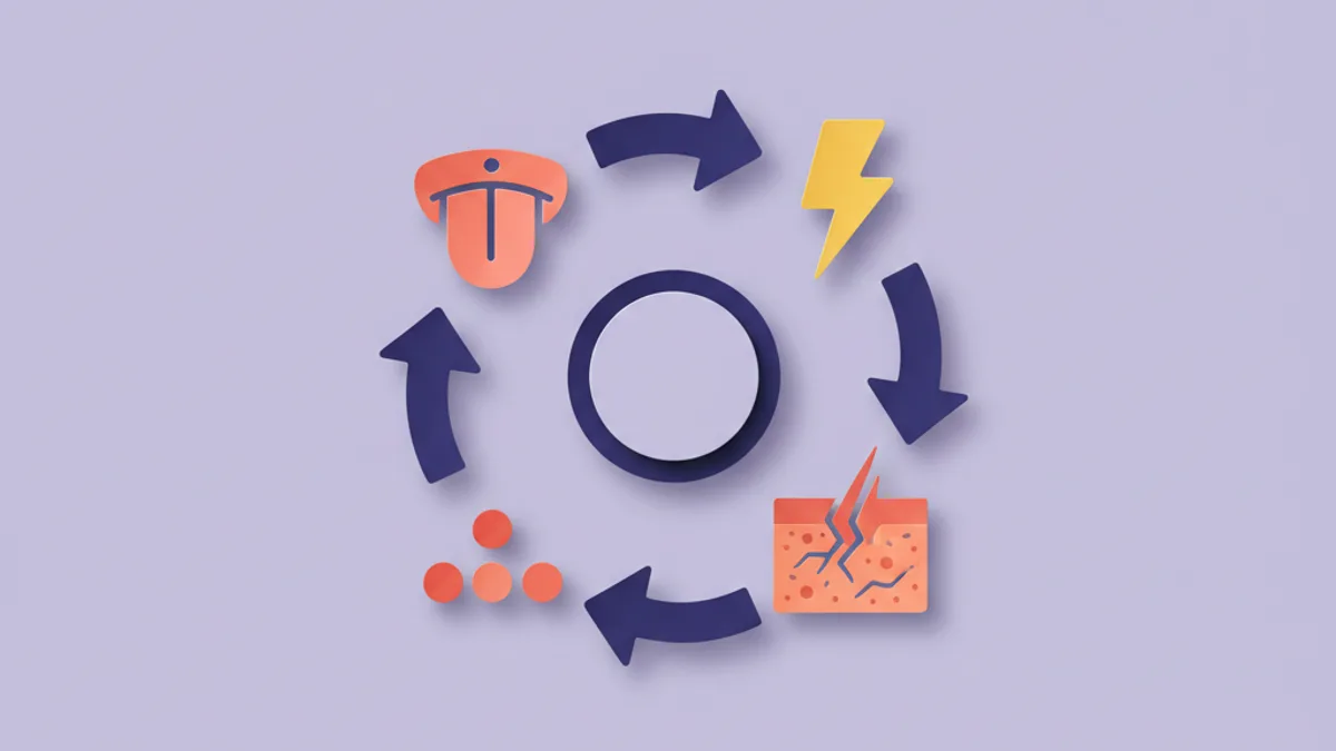 Paper-craft circular diagram of the canine paw itch cycle: allergy itch leads to licking, leads to damaged skin, leads to yeast and bacterial infection, leads to more itching
