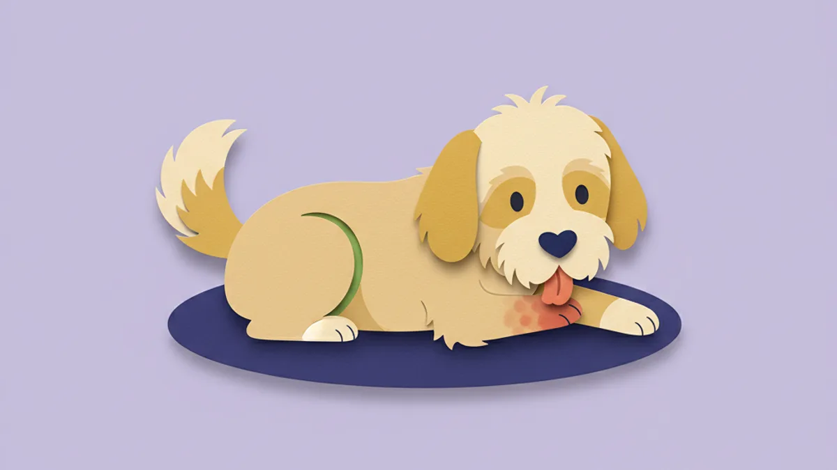 Paper-craft illustration of a dog licking a front paw with rust-coloured saliva staining on the fur, a sign of itchy paws in dogs