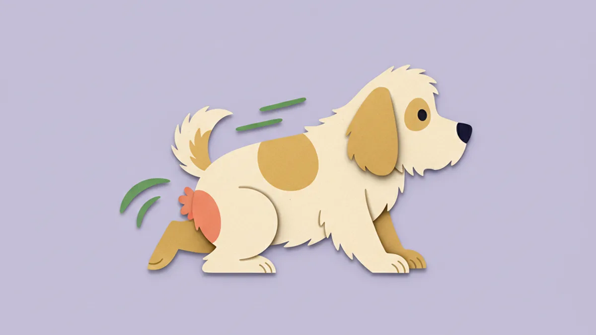 Paper-craft illustration of a dog in a gentle scooting pose dragging its rear along the floor, with small motion lines